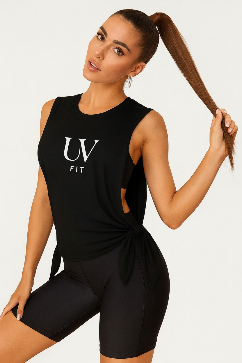 UV FIT Activewear – Sleek Black Side-Tie Workout Tank