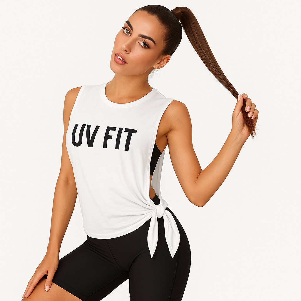 UV FIT Activewear – Sleek Black Side-Tie Workout Tank