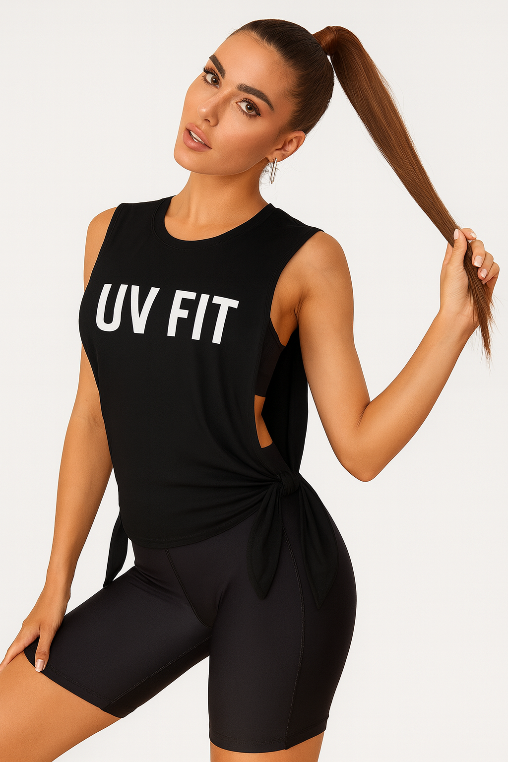UV FIT Activewear – Sleek Black Side-Tie Workout Tank